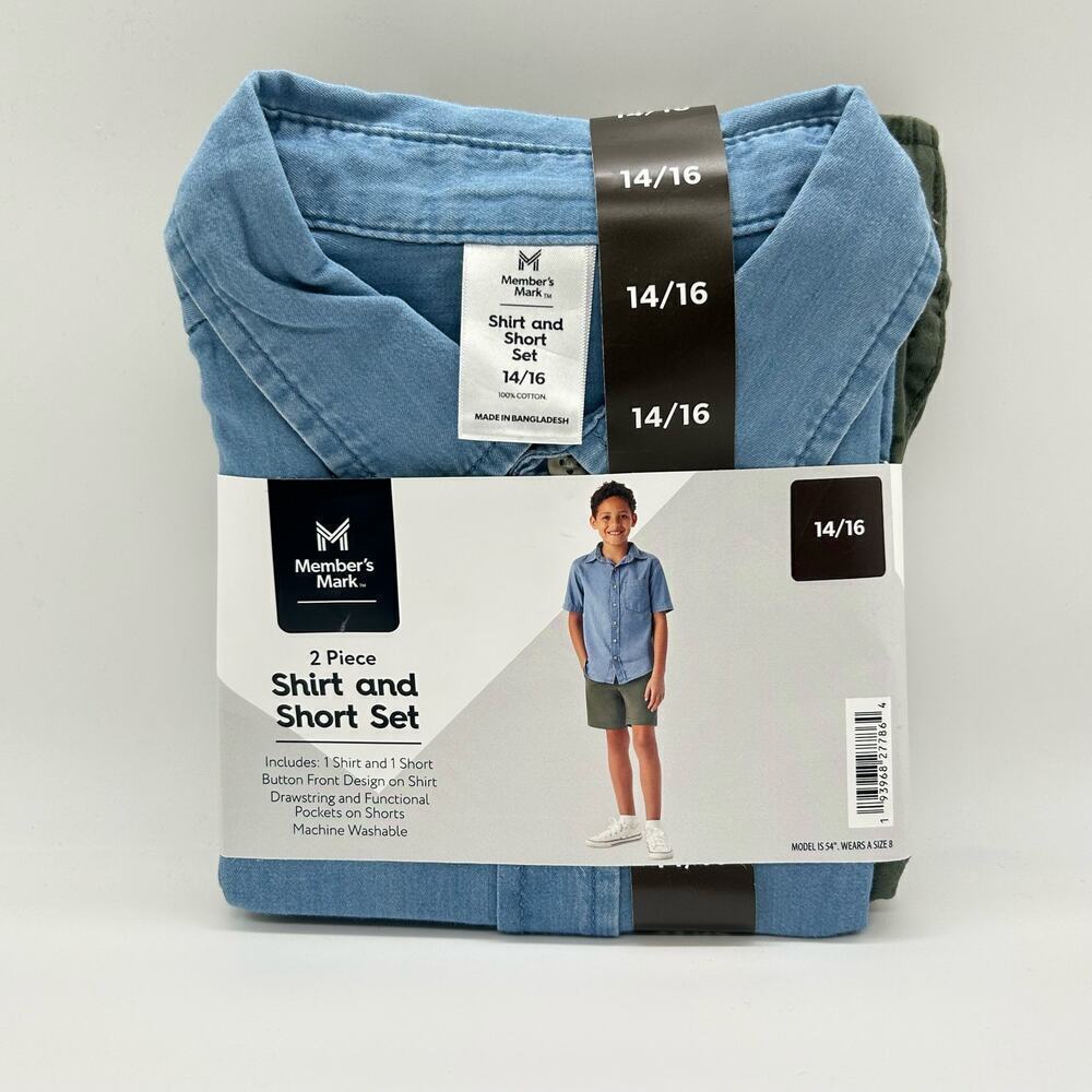 Member's Mark Boys 14/16 Blue Green 2 Set‎ Short Sleeve Drawstring Short NEW